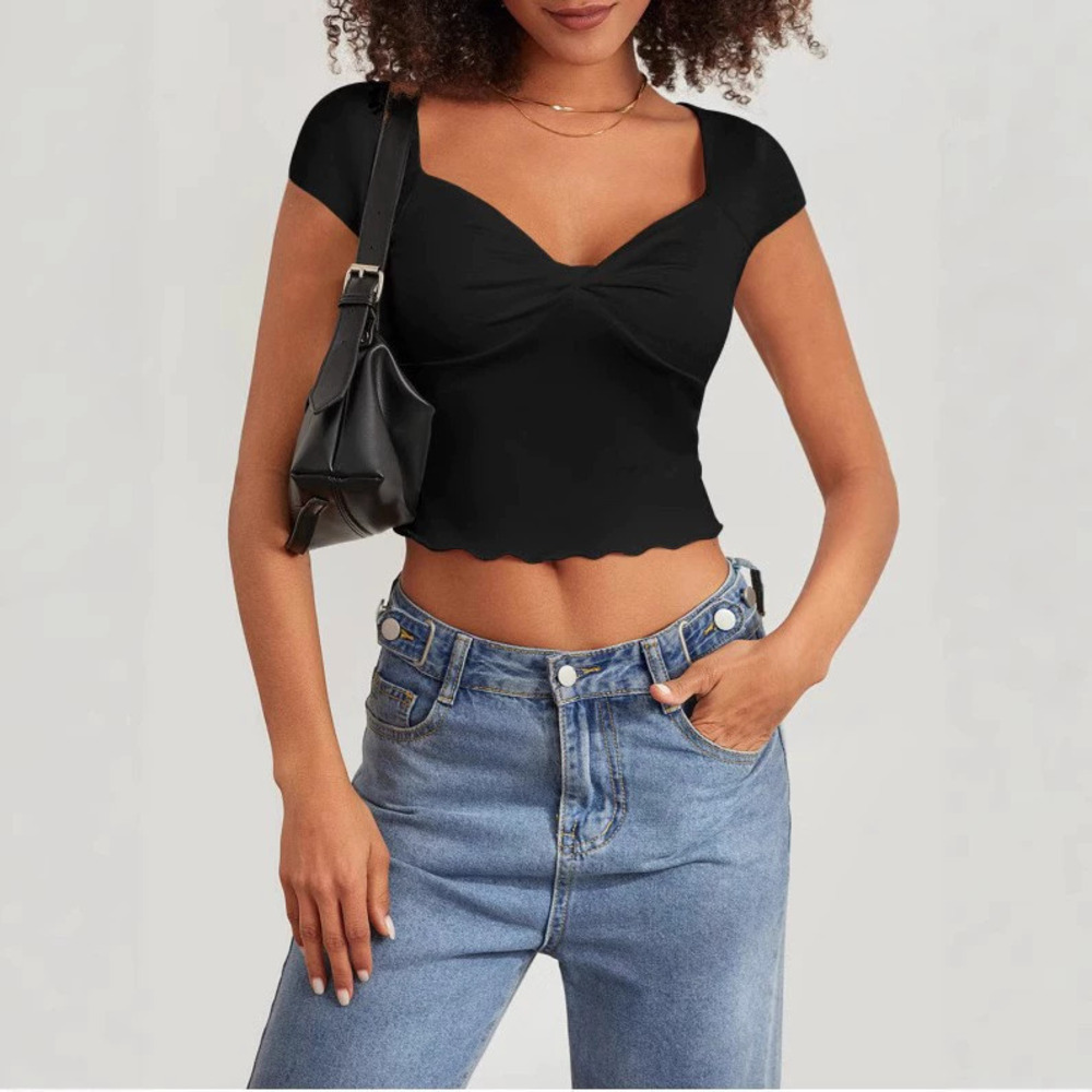Zara V-Neck Short Sleeve Summer Slim Ruffle Hem Top